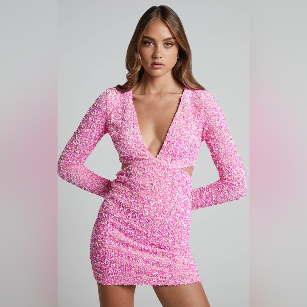 Showpo GABRIELLA MINI PLUNGE LONG SLEEVE CUT OUT SEQUIN DRESS IN PINK SEQUIN M